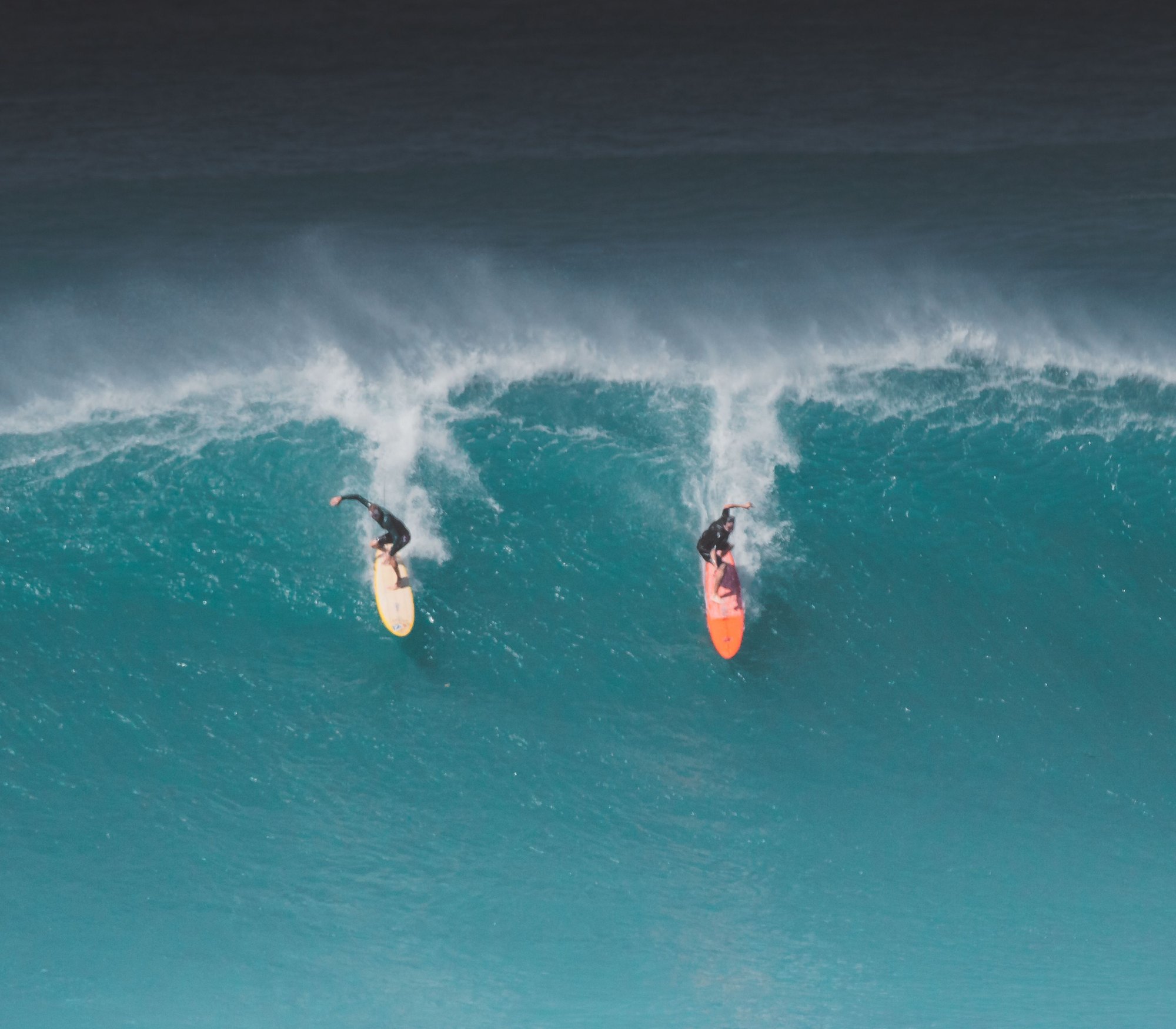 Two surfers riding the same wave — flow like water, strike like a wolf